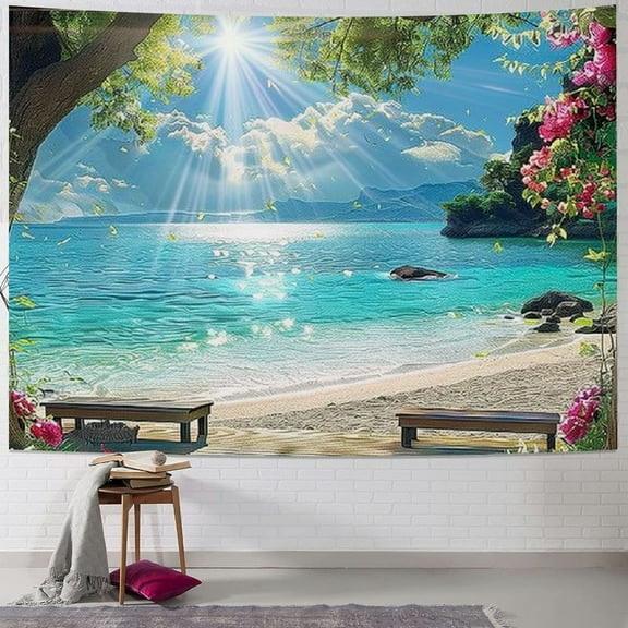 Creowell  Beach Landscape Tapestry, Tropic Ocean Sea Island Palm Tree Seaside Tapestries for Living Room Summer Window Wall Hanging  40x30inch