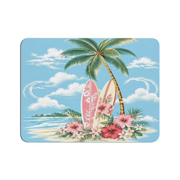 Creowell  Beach Palm Surfboard Hibiscus Mouse Pad, Square Smooth Surface Desk Mat, Stitched Edge for Office, Laptop, Computer, Home,