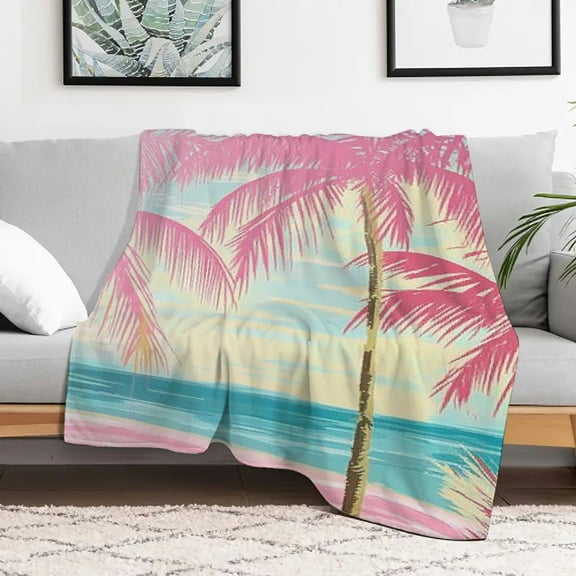 Creowell Beach Palm Trees Pink Umbrella Flannel Blanket for All Seasons 30x40in