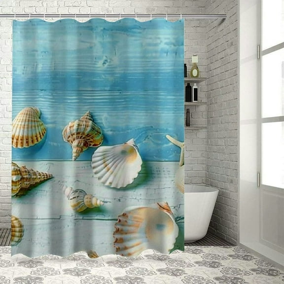 Creowell  Beach Seashell Shower Curtain Nautical Coastal Shell Starfish Shower Curtains for Bathroom Marine Ocean Waterproof Polyester Fabric Bathroom Decor Curtain with Hooks  White