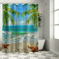 Creowell Beach Seashell Shower Curtain Tropical Ocean Palm Leaves Hawaiian Seaside Scene Conch Seashells Starfish Sand Waves Blue Sky Nautical Coastal Fabric Bathroom Curtain Set with Hook White