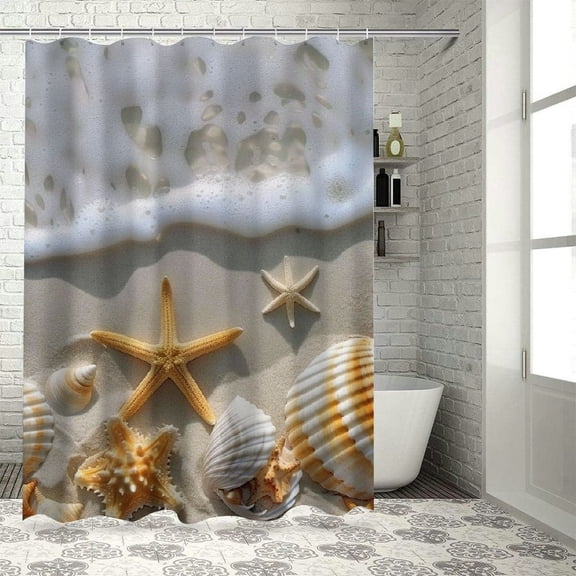 Creowell  Beach Shower Curtain for Bathroom Conch Sea Shell and Starfish on White Sand Print Nautical Theme Waterproof Shower Curtain Set with Hooks White