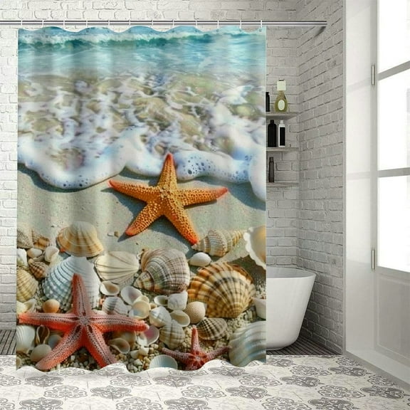 Creowell  Beach Shower Curtain ,Ocean Seashell Starfish Shower Curtain, Summer Coastal Bathroom Decor Set with Hooks White
