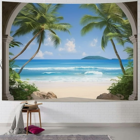 Creowell  Beach Tapestry Ocean Coastal Tapestry Wall Hanging Beachy Tropical Backdrop Hawaiian Calming Architectural Sea Palm Tree Tapestries for Office Bedroom Living Room Wall Decor 40x30inch