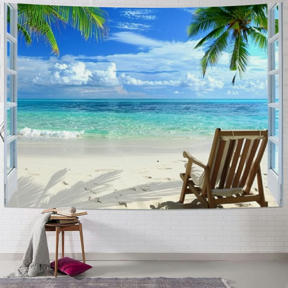 Creowell Beach Tapestry Palm Trees In Ocean Heaven Sunbeds Balcony ...