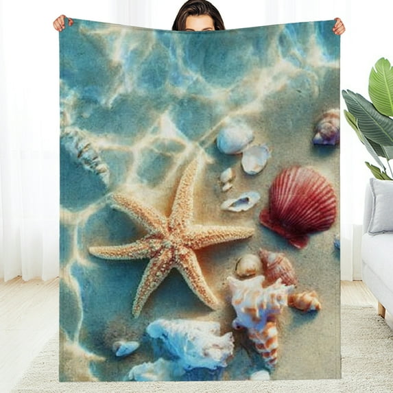 Creowell Beach Throw Blanket, Ocean Theme Seashell Travel Warm Blanket for Bedroom, Living Room, Sofa, Bed, Office 50*60in