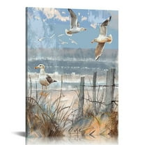 Creowell Beach Wall Art Bathroom Decor Ocean Theme Canvas Print Coastal Painting Perching Bird by The Sea Shore Picture Artwork for Bedroom Living Room Office Ready to Hang 16x20 in/12x16 in