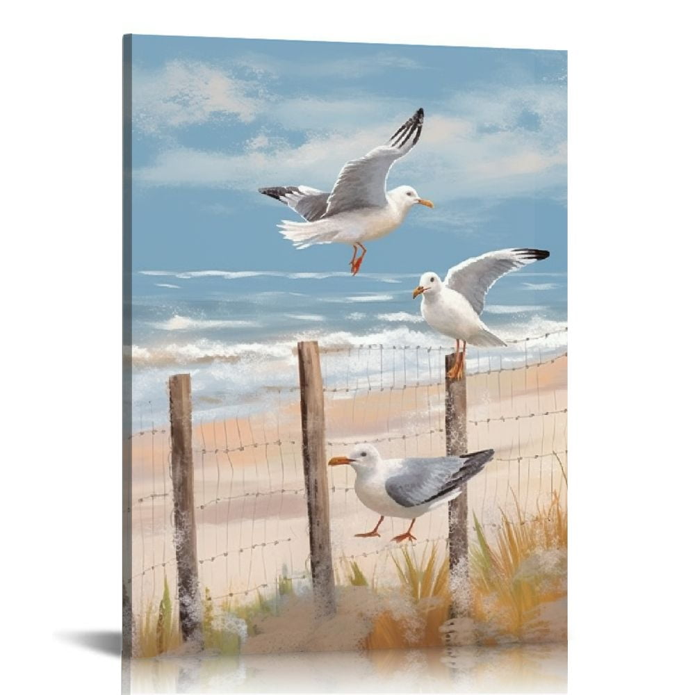 Seaside Seagull Coastal Canvas Wall Art with Wooden Frame
