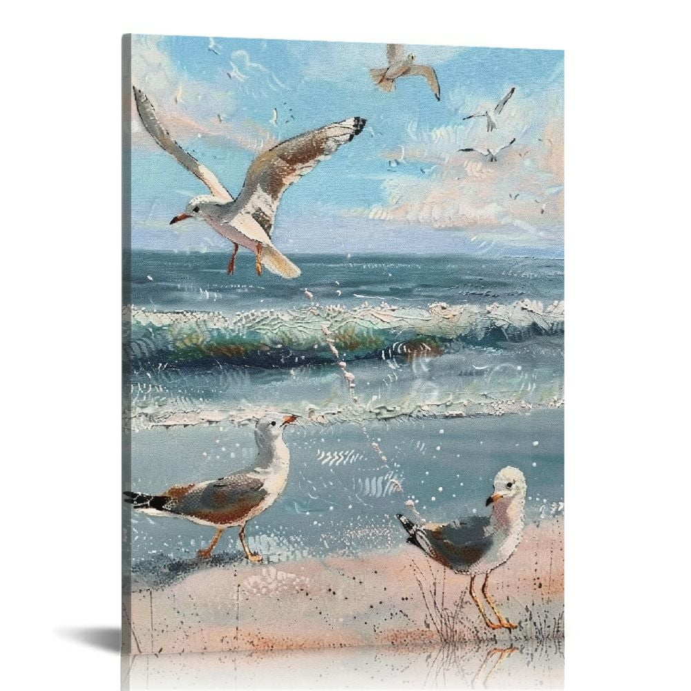Seaside Seagull Coastal Canvas Wall Art with Wooden Frame