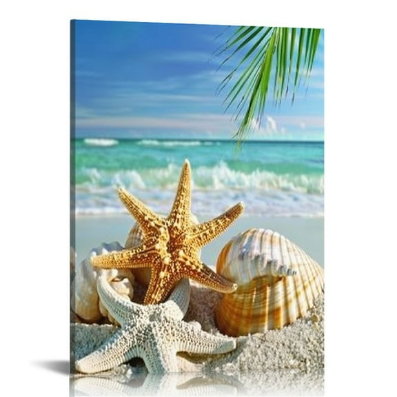 Creowell Beach Wall Art Bathroom Paintings Decor Seashell Starfish Nature Canvas Pictures Blue Ocean Theme Decorations Posters Contemporary Nautical for Bedroom 16x20 in/12x16 in