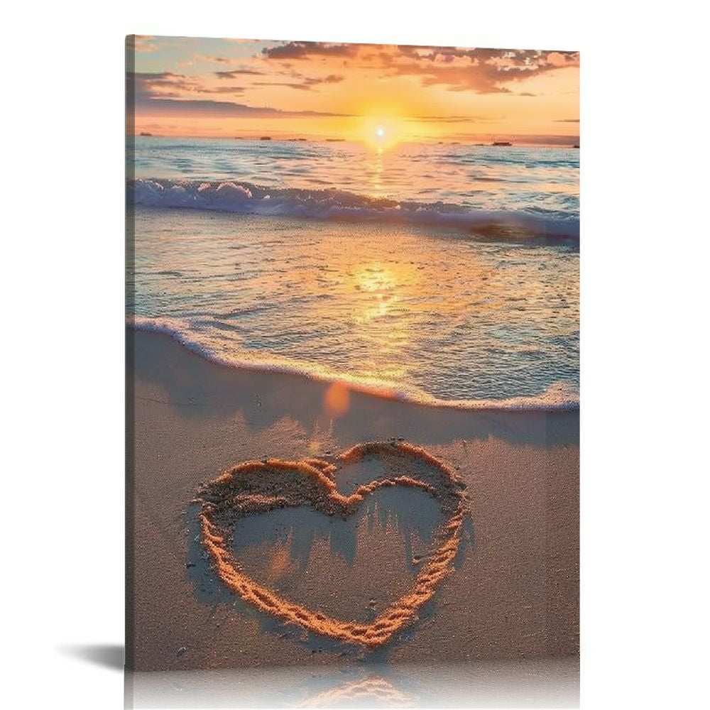 Creowell Beach Wall Art Beach Heart Pictures Wall Decor Coastal Sunset ...