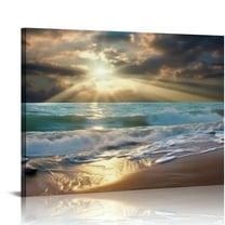 Creowell Beach Wall Art Ocean Waves Canvas Print Pictures, Sunset Seascape Painting for Beach House Decor Gift, Nature Sea Theme Poster Framed Artwork for Living Room Wall Decor 20x16 in/16x12 in