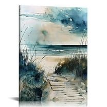 Creowell Beach Wall Art Teal Blue Beach Scene Painting Wall Decor Bathroom Picture Watercolor  Seascape Ocean Nature Landscape Canvas Artwork for Bedroom Living Room Home Decoration 16x20 in/12x16 in