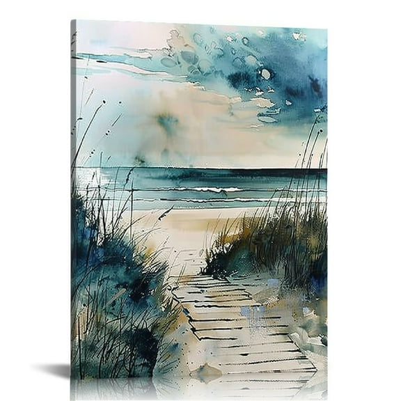 Creowell Beach Wall Art Teal Blue Beach Scene Painting Wall Decor Bathroom Picture Watercolor  Seascape Ocean Nature Landscape Canvas Artwork for Bedroom Living Room Home Decoration 16x20 in/12x16 in
