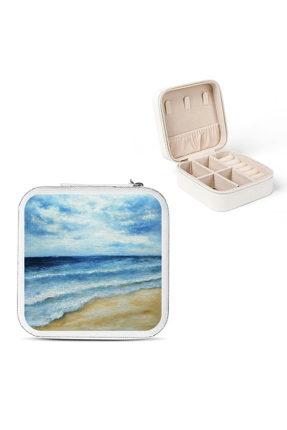 Beach Water Clouds Travel Jewelry Case Organizer with Necklace Hooks, Compact Size Jewelry Storage Box for Ring Earring, Bridesmaid Gift, 6 Slots, 2 Compartments White