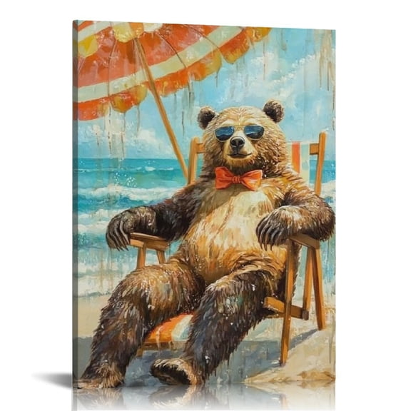 Creowell Bear Beach Chair Umbrella Canvas Wall Art Home Decor 12x16in