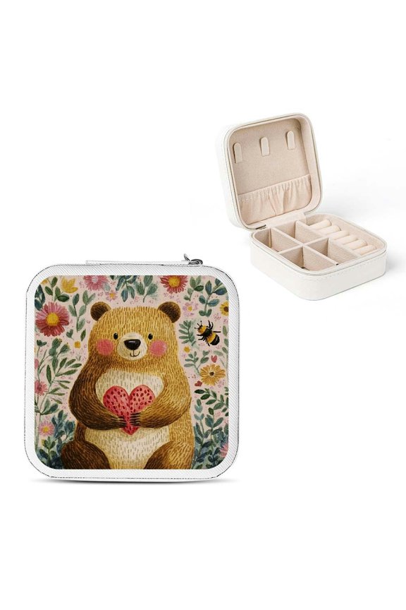 Bear Bee Floral Mini Jewelry Storage Box with Necklace, Ring, Earring Organizer White