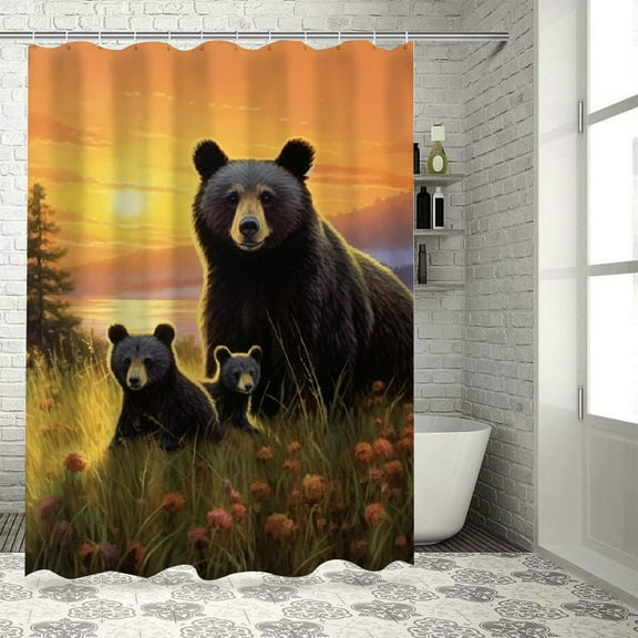 Creowell Bear Cubs Sunset Printed Shower Curtain with Hooks, Easy Care 100% Polyester Bathroom Curtain Set, Home Bathtubs Decoration 36x72