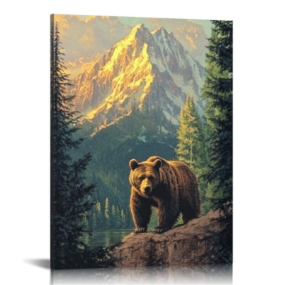 Creowell Bear Forest Mountain Canvas Print Wall Decor for Home Living Room Bathroom Office, Perfect Gift Idea for Wedding Christmas Birthday 12x16in