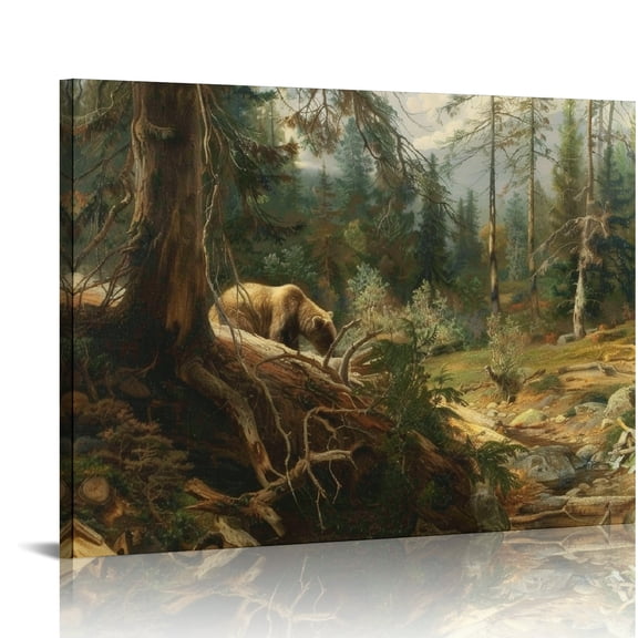 Creowell Bear Forest Stream Canvas Print Wall Art Home Decor 16x12in