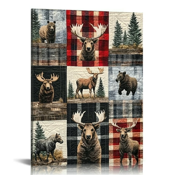 Creowell Bear Moose Quilt Ready to Hang Wall Decor for Bedroom Kitchen Canvas Print Home Decor Living Room Bathroom Office 12x16in