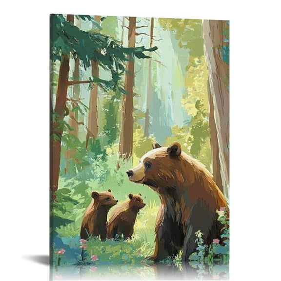 Creowell Bears Cubs Forest Canvas Print Wall Art Home Decor for Living Room Bathroom Bedroom Office 12x16in