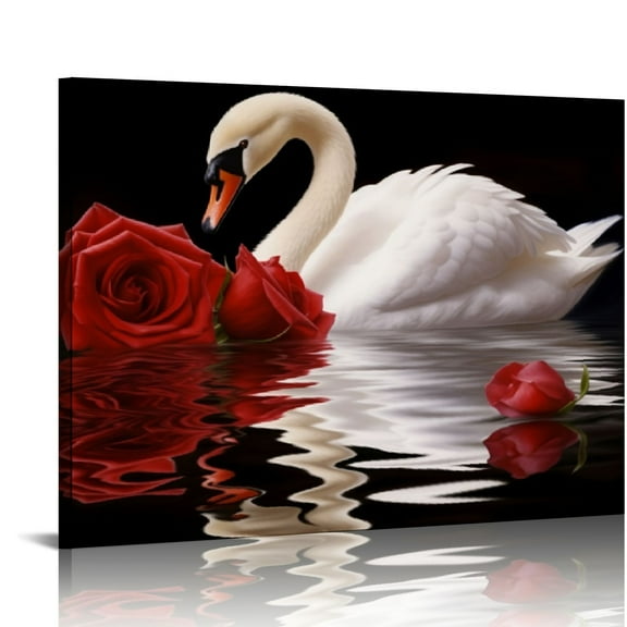 Creowell Beautiful Romantic Swans Art Print on Canvas Red Rose Flowers Wall Art Decor Stretched Frames for Bedroom Bathroom Ready to Hang -20x16 in/16x12 in