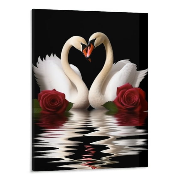 Creowell Beautiful Romantic Swans Art Print on Canvas Red Rose Flowers Wall Art Decor Stretched Frames for Bedroom Bathroom Ready to Hang-16x20 Inch