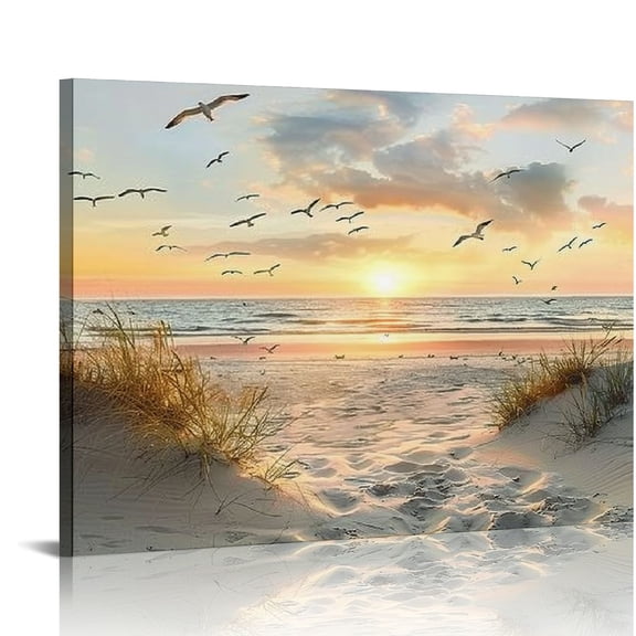 Creowell Bedroom Canvas Wall Art Beach: Ocean Scene Sea Artwork Large Sunset Coastal Landscape Painting Picture Modern Seascape Seaside Seashore Print Decor for Living Room Home 20x16 in/16x12 in