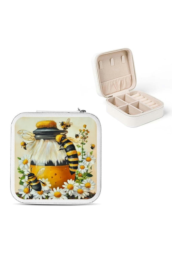 Bee Honey Jar Daisies Jewelry Box Travel Organizer White