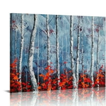 Creowell  Birch Tree Wall Art White Landscape Painting Grey Canvas Fall Forest Leaves Red Leaf Nature Panoramic Picture Rustic for Bathroom Living Room Bedroom Home Office Decor, 20x16 in/16x12 in