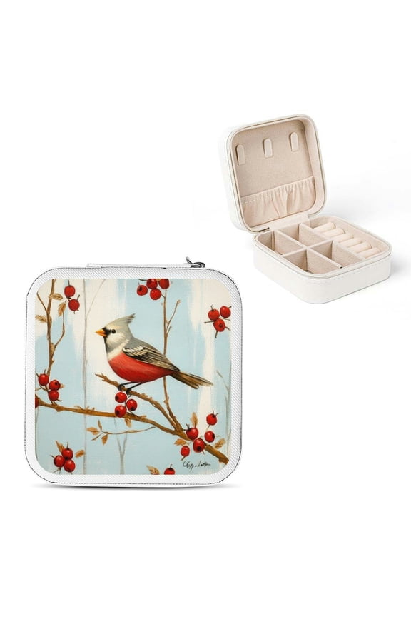 Bird Branch Berries Travel Jewelry Box for Necklaces Rings Earrings White