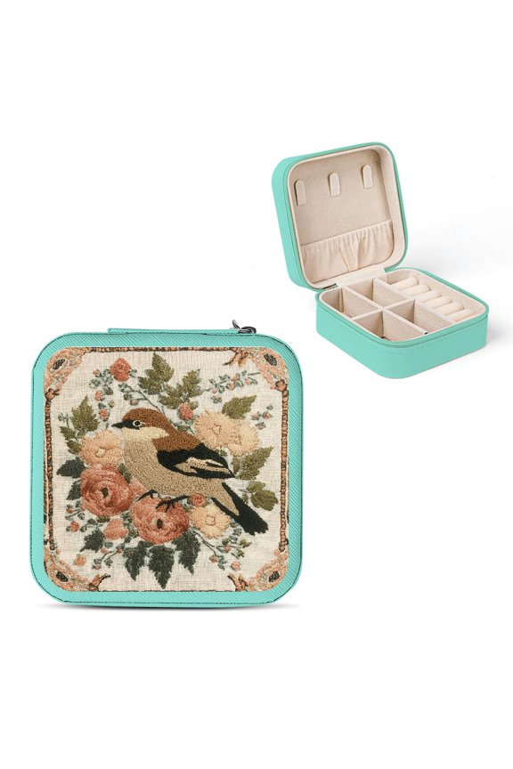 Bird Flowers Embroidery Travel Jewelry Box for Bridesmaids Green