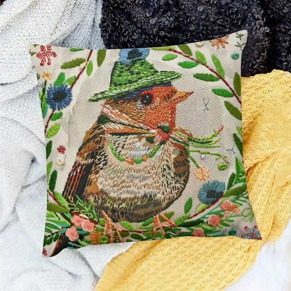 Creowell Bird Folk Art Throw Pillow Cover for Home Sofa Couch Decor Set of 1 Linen Cushion Case 18x18in