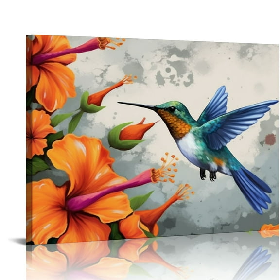 Creowell Bird Painting Art Prints Abstract Hummingbird with Hawaii Hibiscus Flower Canvas Wall Art Orange Poster Picture with Frame Modern Home Living Room Wall Decor 20x16 in/16x12 in