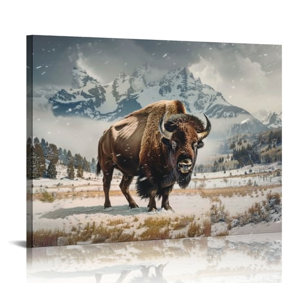 Creowell Bison Snow Mountains Canvas Art Modern Wall Decor Ready To Hang 16x12in