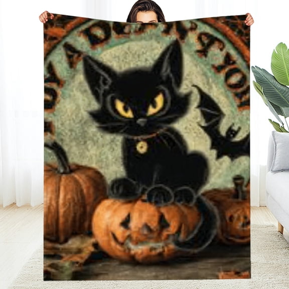 Creowell Black Cat Pumpkin Bat Lightweight Flannel Blanket, Soft Warm 40*50in