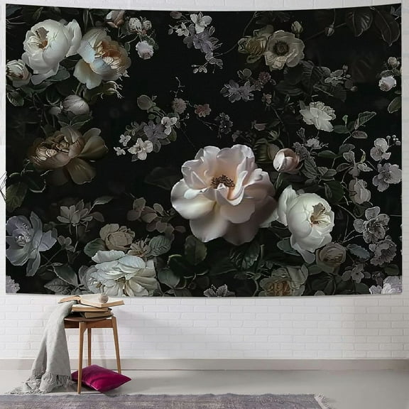 Creowell Black Floral Tapestry Retro Flower Blossom Rustic Rose Watercolor Peony Vintage Leaves Spring Plant Boho Woman Home Decor Wall Tapestry Hanging Art for Living Room Bedroom Dorm Painting