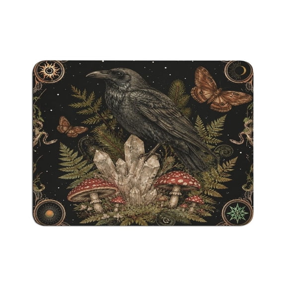 Creowell  Black Raven Crystal Fly Agaric Fern Moth Celestial Border Vintage Witch Art Mouse Pad, Square Smooth Surface Desk Mat, Stitched Edge for Office, Laptop, Computer, Home,