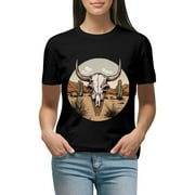 Creowell Black T-Shirt Cow Print Bull Shirts Retro Bull Skull Graphic Tees AL11-07 Black