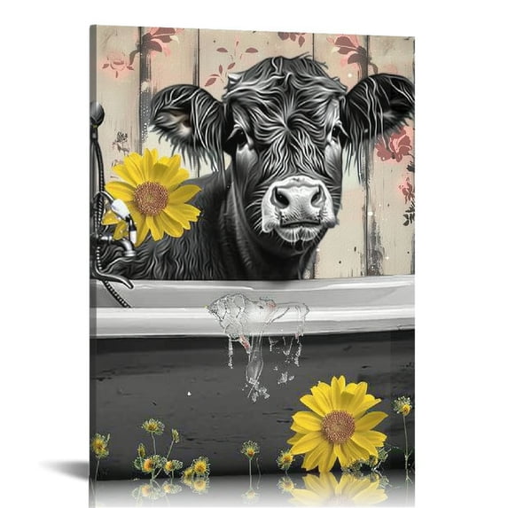 Creowell Black And White Cow Bathroom Canvas Wall Art Cute Cow With Sunflower In Bathtube Painting Farmhouse Artworks Home Decor For Bathroom Bedroom Ready To Hang 16x20 in