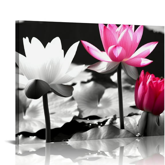 Creowell  Black and White Pink Wall Art Flower Canvas Prints Pink Lotus Picture Painting Floral Poster Prints Zen Artwork Gallery Wrap Print Stretched and Framed 20x16 in/16x12 in
