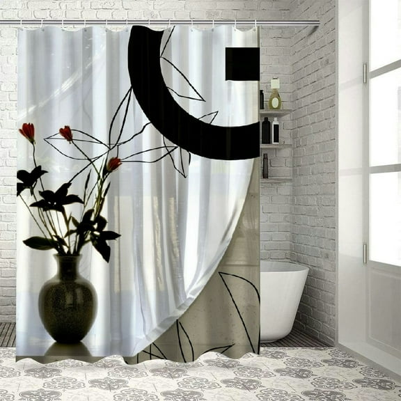 Creowell Black and White Shower Curtain, Black Beige Geometric Fabric Shower Curtain Set, Abstract Mid Century Modern Minimalist Waterproof Shower Curtain for Bathroom - Home Decor 60x72