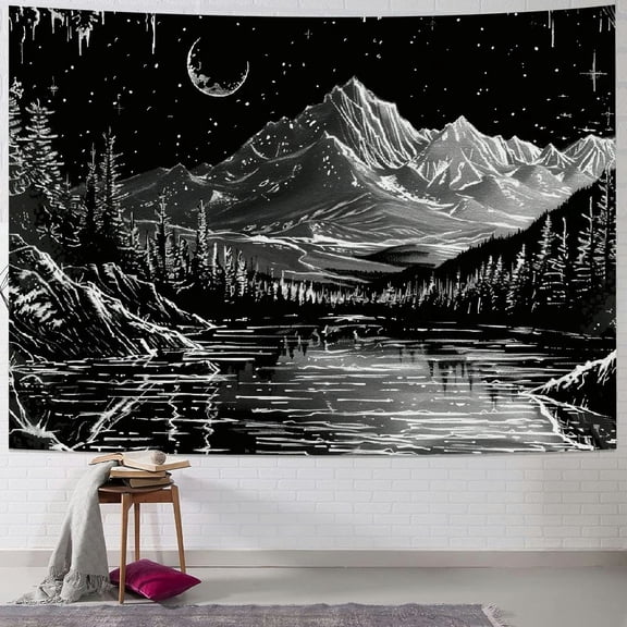 Creowell Black and White Tapestry Starry Night Mountain Tapestries for Bedroom Aesthetic Moon and Stars Tapastry's Wall Hanging Dark Nature Forest Wall Tapestry for Living Room Dorm Painting