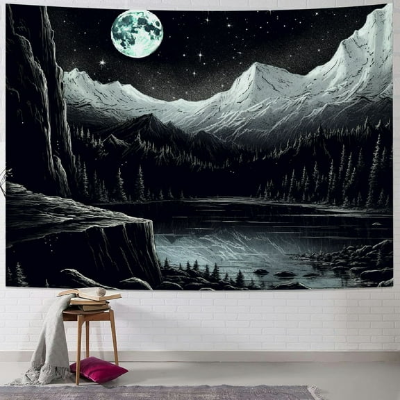 Creowell  Black and White Tapestry Starry Night Mountain Tapestries for Bedroom Aesthetic Moon and Stars Tapastry's Wall Hanging Dark Nature Forest Wall Tapestry for Living Room Dorm 40x30inch