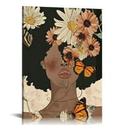 Creowell  Black Woman Wall Art Boho Black Girl Sunflower Posters Pictures African American Canvas Prints Fashion Flower Art Paintings for Nordic Minimalist Room Bedroom Wall Decor 12x16 in