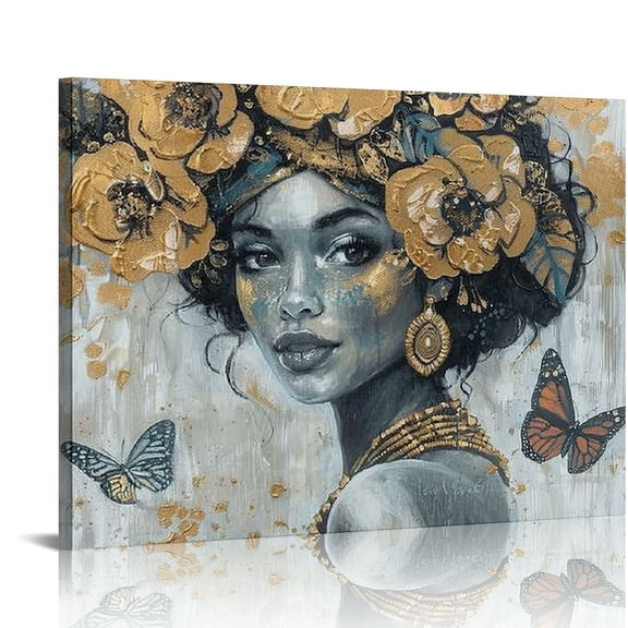Creowell Black Women Art African American Wall Art for Bedroom Black Woman Portrait With Earrings Portrait Picture Golden Butterfly Black And White Canvas Print 20x16 in/16x12 in