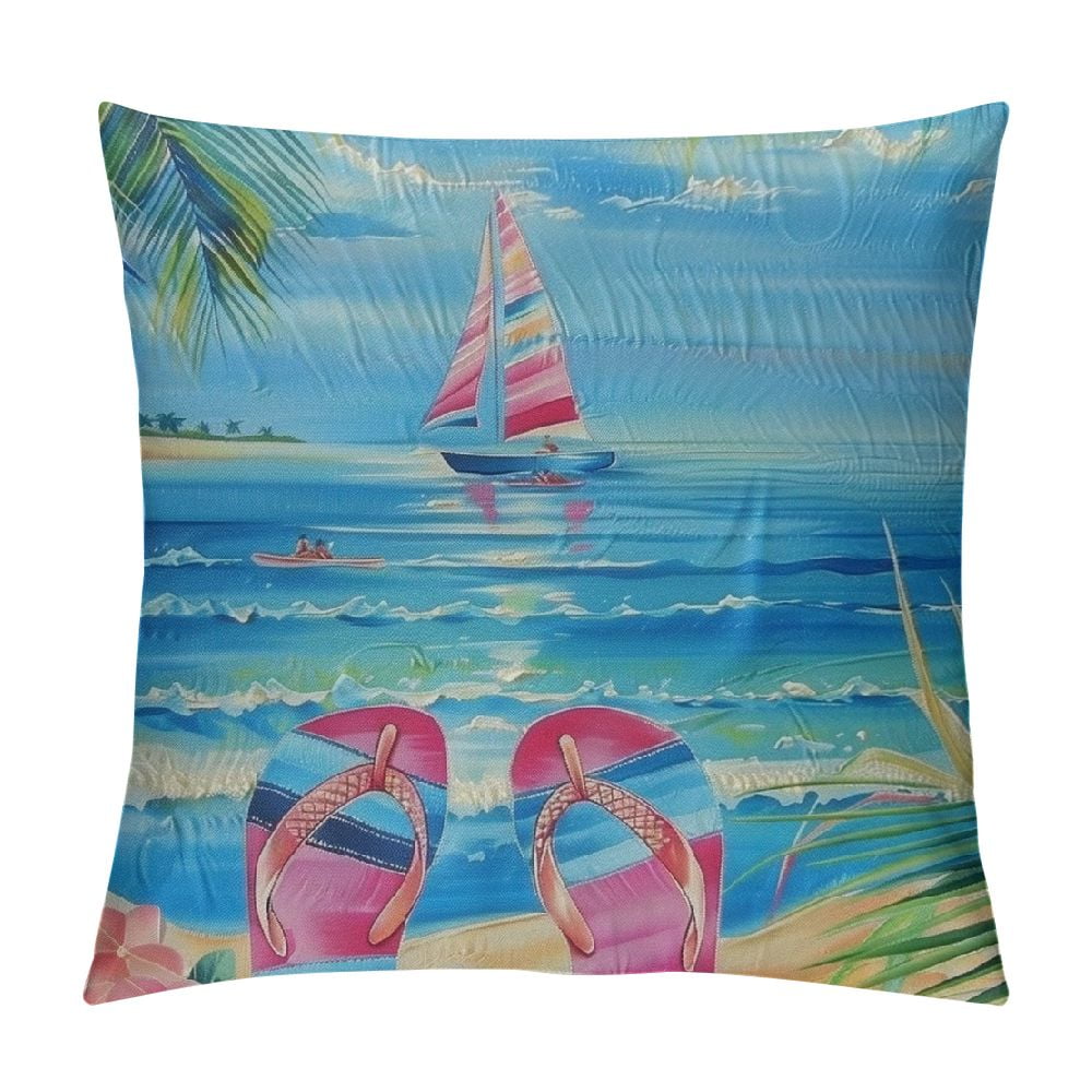 Creowell Blue Beach Pink Flip Flops Pillow Covers Summer Tropical Palm Trees Ocean Sea Shell