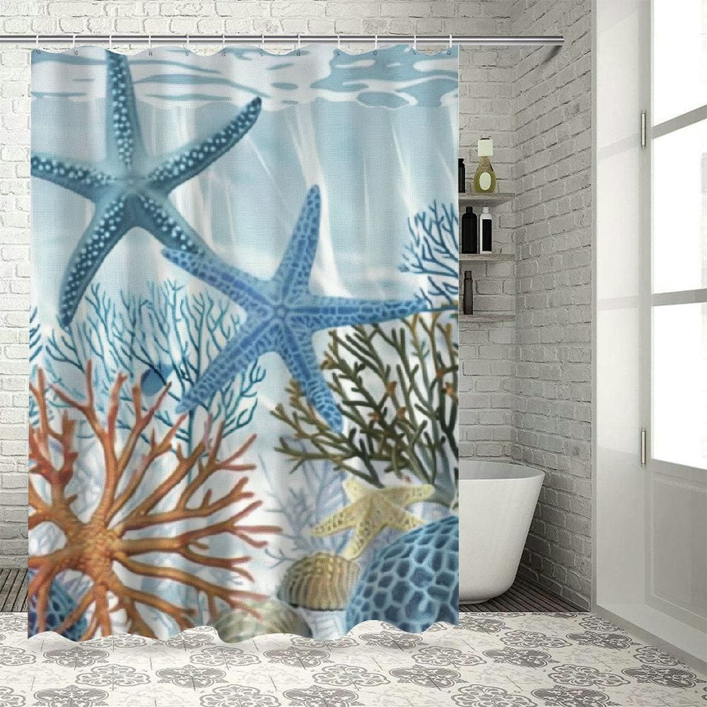 Creowell Blue Beach Shower Curtain, Boho Nautical Coastal Ocean Shower