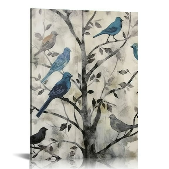 Creowell Blue Birds on Tree Branch Wall Art Vintage Artwork Framed Canvas Prints Animal Wall Decor Painting for Living Room Bedroom Stretched Ready to Hang 16x20 in/12x16 in